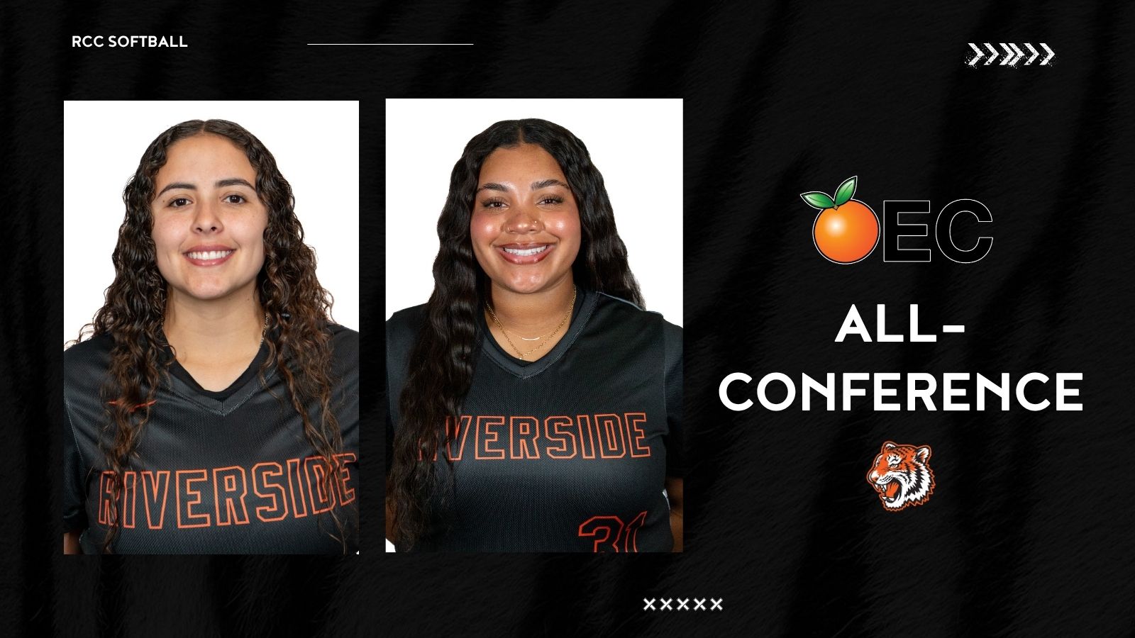 Image with two softball players smiling. Text says "OEC All-Conference"