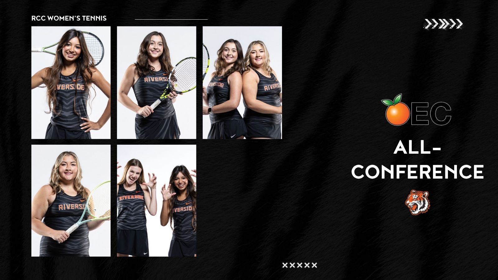 Graphic displaying the women's tennis all-conference winners. Text says OEC All-Conference. Pictures of women in black uniforms holding tennis rackets.